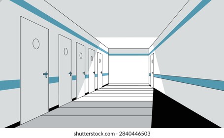 Empty long corridor in a modern building features multiple white doors along a wall with blue stripes and bright light coming from the far end.
