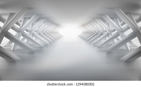 Empty long hall with many supports. Illuminated tunnel. Vector illustration.