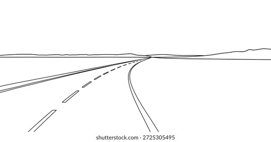Empty long highway stretching toward distant mountains with a clear open horizon line art drawing