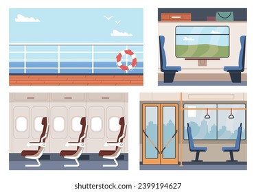 Empty lounges on train, airplane, bus and ship. Public transport interior. Urban transportation system. City vehicle, comfortable seats and windows. Cartoon flat isolated vector concept