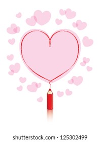 Empty Love Heart Message Drawn by Small Red Pencil with Reflection and Pink Hearts Background