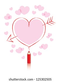 Empty Love Heart Message Drawn by Small Red Pencil with Reflection and Pink Hearts Background