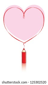 Empty Love Heart Message Drawn by Small Red Pencil with Reflection and Big Pink Heart