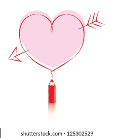 Empty Love Heart Message Drawn by Small Red Pencil with Reflection and Big Pink Heart