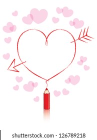 Empty Love Heart Message Drawn by Small Red Pencil with Reflection and Small Pink Hearts Background