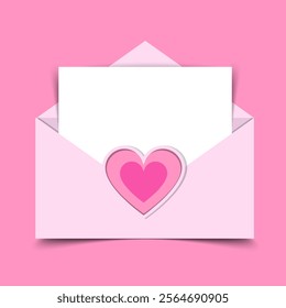 An empty love letter in a pink envelope background. A heart on the envelope for valentine day. Romantic envelope template.