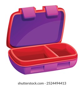 Empty lunch box with two compartments in purple and red container. Vector cartoon illustration