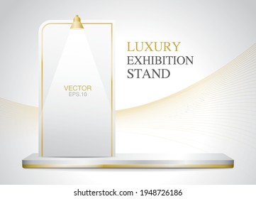 Escenario de producto largo y lujoso vacío con el vector de ilustración 3d del tablero de exhibición para poner su objeto en un tema de color blanco y dorado.