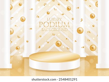 Pódio de luxo vazio com colunas no fundo de esferas douradas caindo e confetes. Ilustração vetorial para demonstração do produto ou cerimônia de premiação