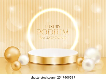 Pódio de luxo vazio com esferas de ouro e pérola com efeitos de luz brilhante. Ilustração vetorial para demonstração do produto ou cerimônia de premiação