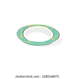 Empty luxury turquoise blue and white plate. With ornaments of golden leaves. Vector  isolated on white background. 