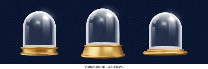 Empty magic glass dome snow globes. Transparent 3D winter balls on elegant bases. Christmas and New Year template elements.