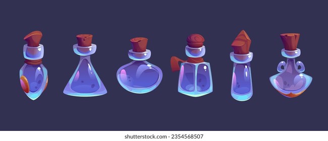 Empty magic potion bottle for fantasy game cartoon set. Witch glass elixir jar with cork for laboratory clipart collection. Isolated chemistry container ui rpg app icon apothecary illustration.