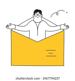 Empty mailbox or email envelope. Cute cartoon man shrugs - nothing is found here. Thin line elegant vector illustration on white.