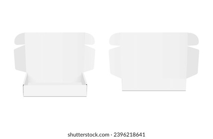 Empty Mailing Cardboard Boxes, Front And Back View, Opened Lid, Isolated On White Background. Vector Illustration