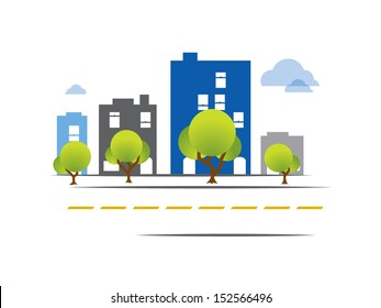Empty Main Street with buildings and trees at curbside along with clouds in the sky.