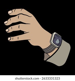 Empty male hand reaching forward in grasping gesture with wrist watch and cuff. Cartoon style. On black background.