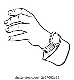 Empty male hand reaching forward in grasping gesture with wrist watch and cuff. Cartoon style. Black and white linear silhouette.