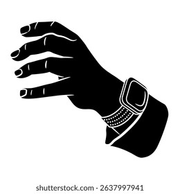 Empty male hand reaching forward in grasping gesture with wrist watch and cuff. Cartoon style. Black and white silhouette.