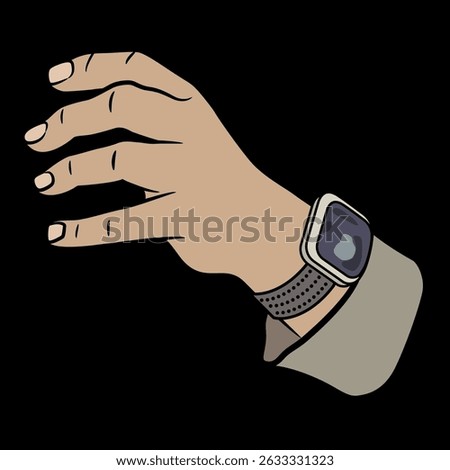 Empty male hand reaching forward in grasping gesture with wrist watch and cuff. Cartoon style. On black background.
