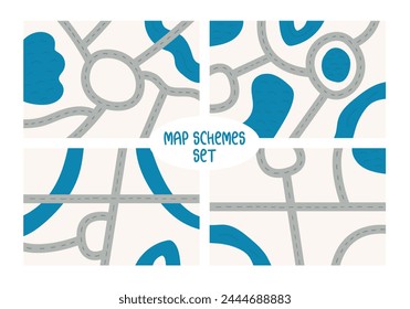 Mapas vacíos con Vector de carreteras y ríos. Esquemas de Vector con mapa de carreteras sobre fondo blanco