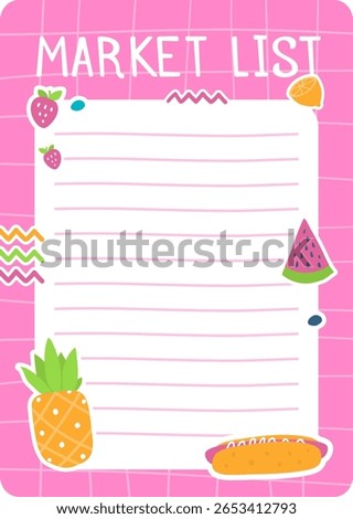 Empty market list template featuring adorable fruit and hot dog illustrations, waiting to be filled on a vibrant pink checkered background, perfect for grocery planning and summer meals