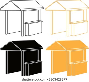 Empty market stall flat outline icon set with outdoor street food kiosk booth and promotional pavilion design. Minimalist commercial fair tent silhouette elements isolated on white background