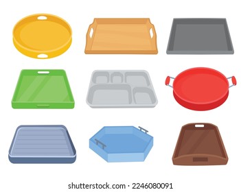 Comidas vacías aisladas en fondo blanco. Bandeja de caricatura comida servicio cafetería, cocina de plástico de madera de metal círculo de placa cuadrada desayuno comedor o bandeja de restaurante. Ilustración del vector