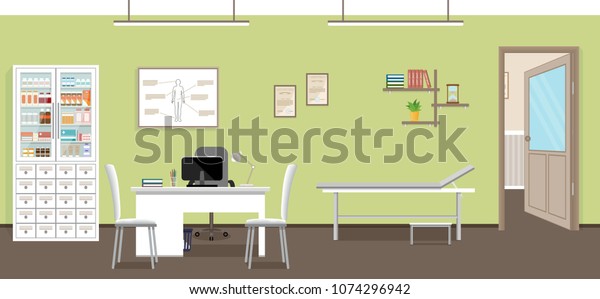 Empty\
medical office interior design. Doctor\'s consultation room in\
clinic. Hospital working in healthcare\
concept.