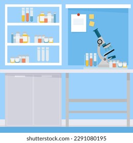 Empty medical office with microscope and shelves and blue background