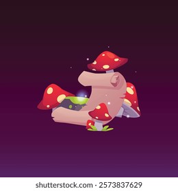 Empty Medieval scroll with fly agarics around and magical, glowing particles. Old torn parchment. Graphic game interface. Treasure map or spell. Isolated purple background. Vector illustration.