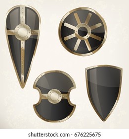 Empty medieval shield. Set of isolated blank defense instruments icons or emblems, heraldic sign or classic royal badge, Victorian history and heraldry, safe or seal, knight honor theme