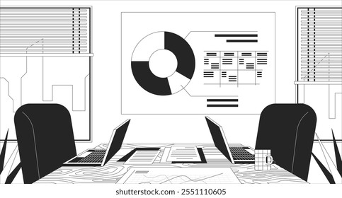 Empty meeting room black and white line illustration. Paperwork laptops on desk with chairs, charts presentation whiteboard 2D interior monochrome backdrop. Donut graph, data table outline vector