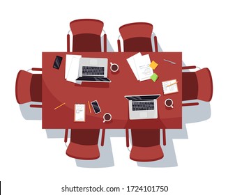 Empty meeting room semi flat RGB color vector illustration. Conference coffee break. Documents and computers on desk. Office table isolated cartoon object top view on white background