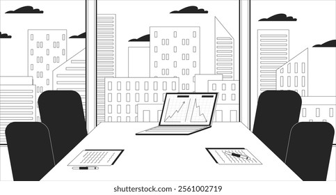 Empty meeting room table charts laptop black and white line illustration. Company compare revenue notebook desk 2D interior monochrome backdrop. Skyscrapers windows modern office inside outline vector