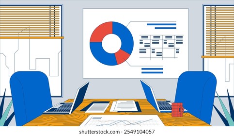 Sala de reunião vazia para ilustração plana de duas pessoas. Notebooks de papelada na mesa com cadeiras, gráficos apresentação quadro branco 2D interior desenho animado fundo. Gráfico de rosca, imagem vetorial da cena da tabela de dados