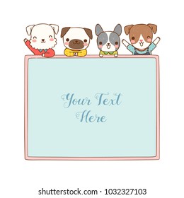 Empty message board, paper note, copy space for text with cute cartoon smiling dogs, pug, schnauzer, french bulldog, domestic. Greeting card, postcard, invitation. Flat design. Vector illustration.