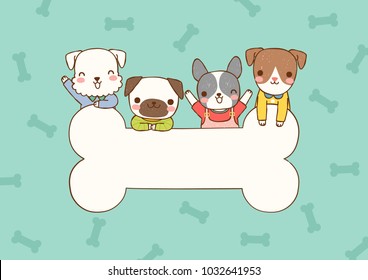 Empty message board, paper note, greeting card, poster, copy space for text with cute cartoon smiling dogs ,pug, schnauzer, french bulldog, domestic and big bone. Flat design. Vector illustration.