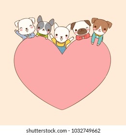 Empty message board, paper note, greeting card, poster, copy space for text with cute cartoon dogs smiling and big heart, pug, schnauzer, french bulldog, bull terrier. Flat design.Vector illustration.