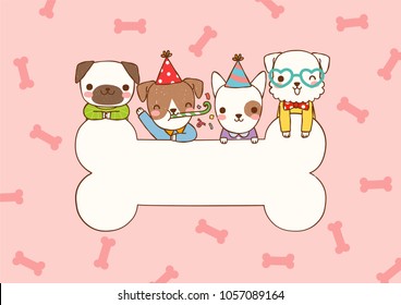 Empty message board, paper note, greeting card, poster, copy space for text with cute cartoon smiling dogs, pug, schnauzer, bull terrier, domestic and big bone. Flat design. Vector illustration.