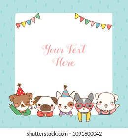 Empty message board, paper note, greeting card, poster, copy space for text with cute cartoon dogs smiling and celebrating. Flat design.Vector illustration.