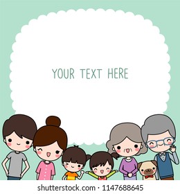 Empty message board, paper note, greeting card, love card, poster, postcard, copy space for text with cute big happy family portrait. Flat design. Colored vector illustration.