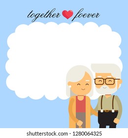 Empty message board, paper note, greeting card, love card, poster, postcard, copy space for text with cute elderly couple, Happy valentines day.