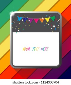 Empty metal banner signboard with  triangle bunting flag hanging on colorful background,Vector illustration design,EPS10.