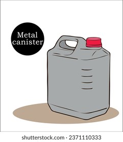 empty metal canister with red stopper for gasoline, diesel fuel and lubricating fluids. fuel tank for refueling gas tank of car. steel barrel, aluminum barrel for oil storage.