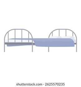Empty metal double bed frame with mattress, pillows and a blanket hanging down isolated on white background