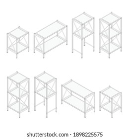 Empty metal Isometric 3D Shelvings. Warehouse storage concept. The set of objects isolated against the white background and shown from different sides. Design elements.