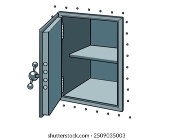 Metalltresor leeren. Das Problem des Diebstahls und der Verlagerung von Finanzinvestitionen. Arbeiten an der Banksicherheit für Kunden. Pop Art Retro Vektor Illustration Kitsch Vintage 50s 60s Style. Auf Weiß