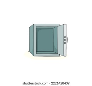 Empty Metal Safe With Open Door. Concept Of Money Safety, Bankruptcy, Robbery. Vector Hand Drawn Illustration Of Steel Deposit Lock Box Isolated On White Background