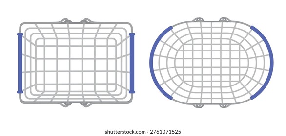 Empty metal shopping basket set from top view, rectangle and oval wire baskets with blue handles for retail and grocery store, vector design.
